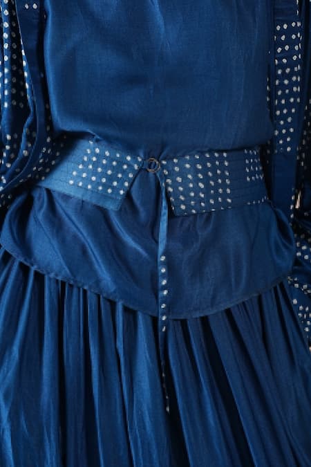 Shop_Indigo Dreams_Blue Silk Collared, Round Neck Bandhani Pattern Skirt Set  