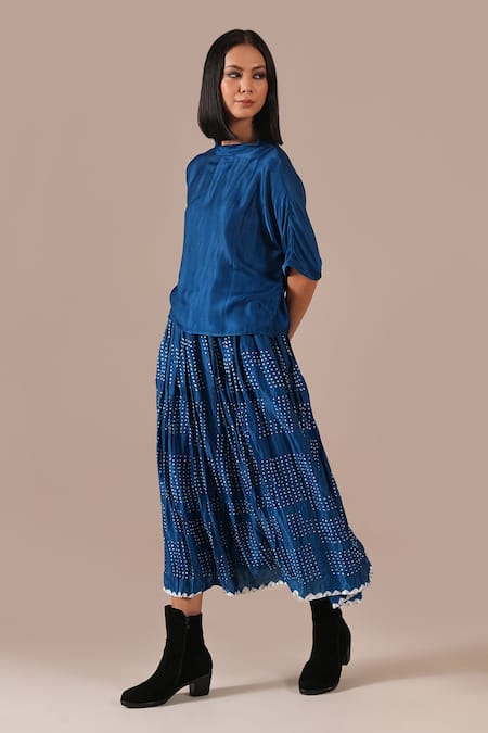 Indigo Dreams_Blue Silk Boat Neck Bandhani Gathered Skirt And Boxy Top Set _Online_at_Aza_Fashions