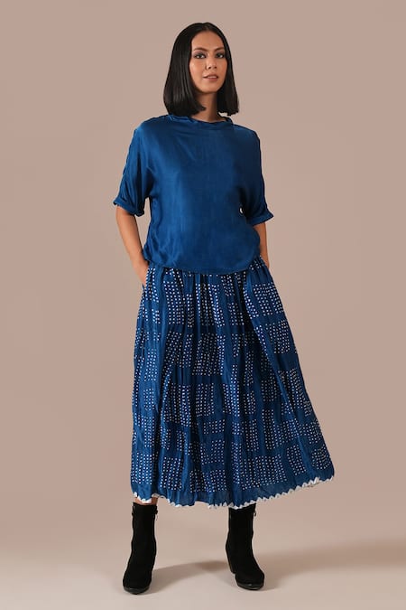 Buy_Indigo Dreams_Blue Silk Boat Neck Bandhani Gathered Skirt And Boxy Top Set _Online_at_Aza_Fashions