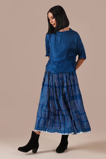 Shop_Indigo Dreams_Blue Silk Boat Neck Bandhani Gathered Skirt And Boxy Top Set _Online_at_Aza_Fashions