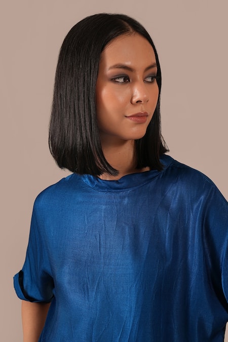 Shop_Indigo Dreams_Blue Silk Boat Neck Bandhani Gathered Skirt And Boxy Top Set 