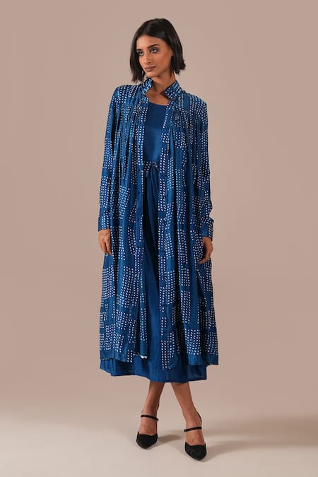 Indigo Dreams Bandhani Pattern Dress & Overlay Set  