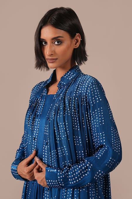 Buy_Indigo Dreams_Blue Silk Square Neck, Collared Bandhani Pattern Dress And Overlay Set  _Online_at_Aza_Fashions