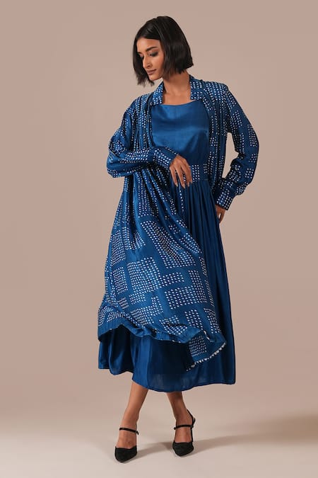 Shop_Indigo Dreams_Blue Silk Square Neck, Collared Bandhani Pattern Dress And Overlay Set  _Online_at_Aza_Fashions