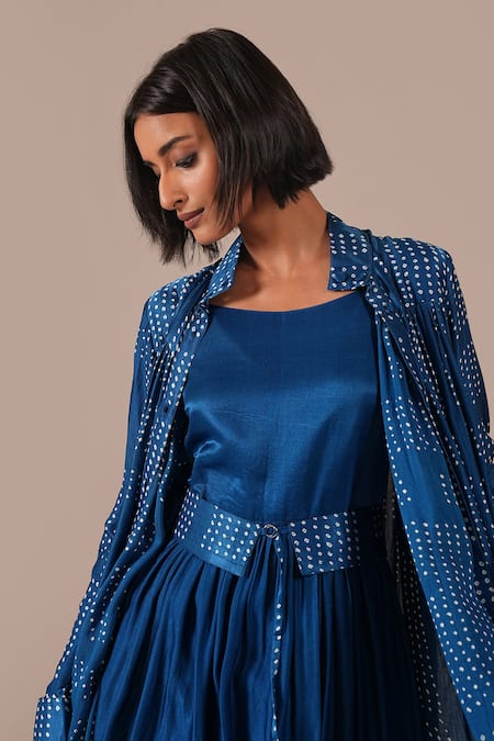 Indigo Dreams_Blue Silk Square Neck, Collared Bandhani Pattern Dress And Overlay Set  _at_Aza_Fashions