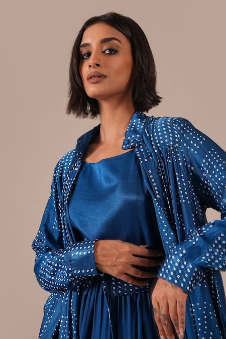 Shop_Indigo Dreams_Blue Silk Square Neck, Collared Bandhani Pattern Dress And Overlay Set  