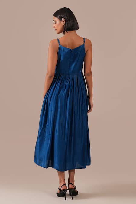 Indigo Dreams Bandhani Gathered Fit & Flare Midi Dress With Belt 