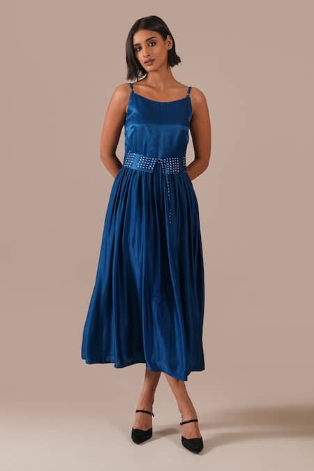 Indigo Dreams Bandhani Gathered Fit & Flare Midi Dress With Belt 