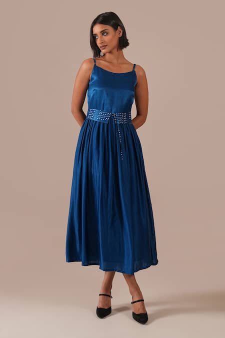 Indigo Dreams Blue Silk Scoop Neck Bandhani Gathered Fit And Flare Midi Dress With Belt Online at Aza Fashions Indigo Dreams_Blue Silk Scoop Neck Bandhani Gathered Fit And Flare Midi Dress With Belt _Online_at_Aza_Fashions