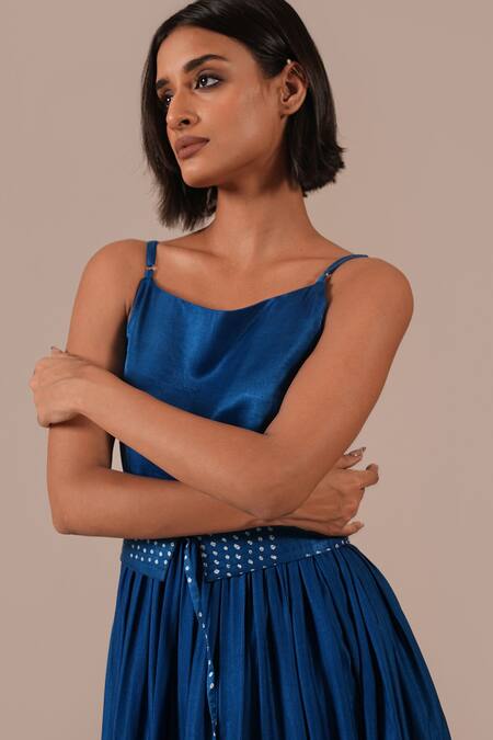 Indigo Dreams Blue Silk Scoop Neck Bandhani Gathered Fit And Flare Midi Dress With Belt at Aza Fashions Indigo Dreams_Blue Silk Scoop Neck Bandhani Gathered Fit And Flare Midi Dress With Belt _at_Aza_Fashions