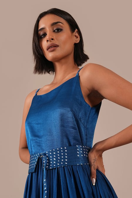 Buy Indigo Dreams Blue Silk Scoop Neck Bandhani Gathered Fit And Flare Midi Dress With Belt Buy_Indigo Dreams_Blue Silk Scoop Neck Bandhani Gathered Fit And Flare Midi Dress With Belt