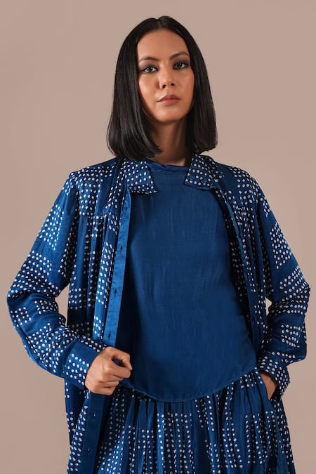Indigo Dreams_Blue Silk Round Neck, Collared Bandhani Gathered Skirt And Jacket Set _Online_at_Aza_Fashions
