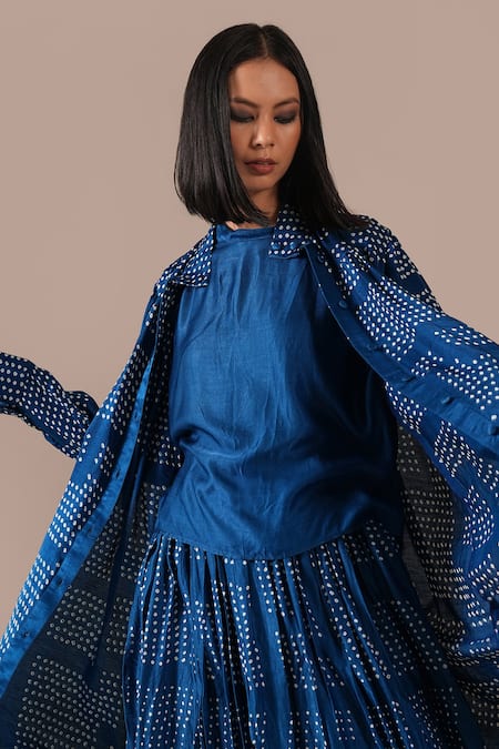 Shop_Indigo Dreams_Blue Silk Round Neck, Collared Bandhani Gathered Skirt And Jacket Set _Online_at_Aza_Fashions