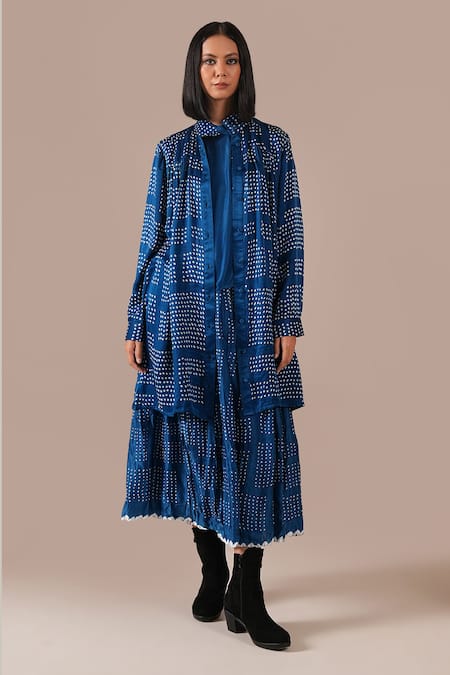 Indigo Dreams_Blue Silk Round Neck, Collared Bandhani Gathered Skirt And Jacket Set _at_Aza_Fashions