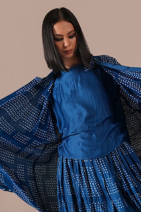Shop_Indigo Dreams_Blue Silk Round Neck, Collared Bandhani Gathered Skirt And Jacket Set 