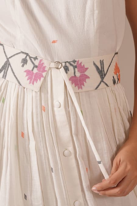 Shop_Indigo Dreams_Ivory Cotton Embroidery Square Neck Handwoven Jamdani Floral Dress With Belt _Online_at_Aza_Fashions
