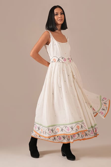 Shop_Indigo Dreams_Ivory Cotton Embroidery Square Neck Handwoven Jamdani Floral Dress With Belt 