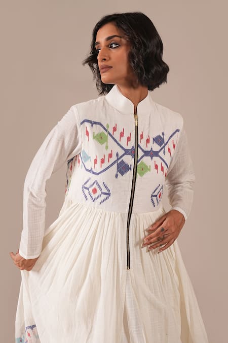 Shop_Indigo Dreams_Ivory Cotton Embroidery Round Handwoven Jamdani Gathered Dress And Jacket Set _Online_at_Aza_Fashions