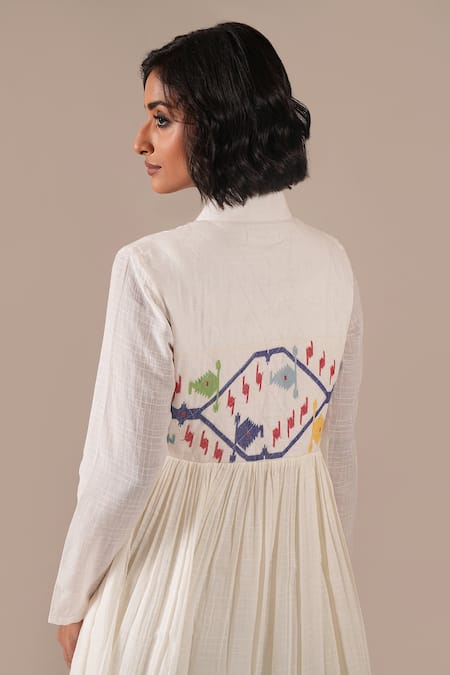 Shop_Indigo Dreams_Ivory Cotton Embroidery Round Handwoven Jamdani Gathered Dress And Jacket Set 