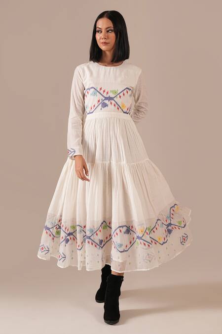 Shop_Indigo Dreams_Ivory Cotton Embroidery Round Neck Jamdani Handwoven Tiered Midi Dress  _Online_at_Aza_Fashions