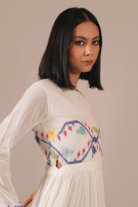 Shop_Indigo Dreams_Ivory Cotton Embroidery Round Neck Jamdani Handwoven Tiered Midi Dress  