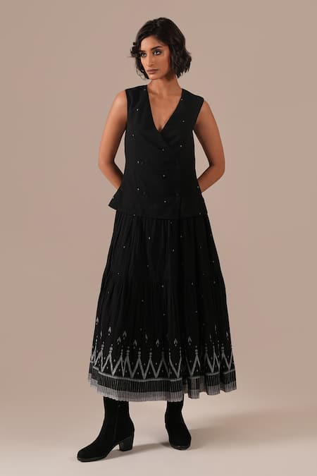 Indigo Dreams Black Cotton Embroidery V-neck Jamdani Tiered Wrap Dress With Belt