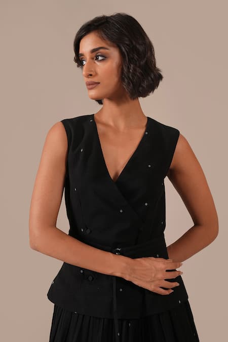 Shop Indigo Dreams Black Cotton Embroidery V-neck Jamdani Tiered Wrap Dress With Belt Online at Aza Fashions Shop_Indigo Dreams_Black Cotton Embroidery V-neck Jamdani Tiered Wrap Dress With Belt _Online_at_Aza_Fashions
