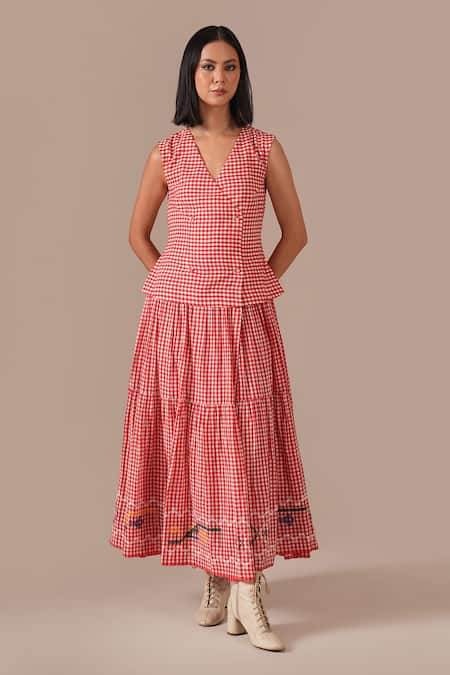 Indigo Dreams Gingham Check Tiered Wrap Dress With Belt 