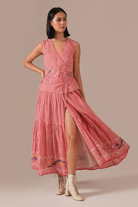 Indigo Dreams_Red Cotton Embroidery V-neck Gingham Check Tiered Wrap Dress With Belt _Online_at_Aza_Fashions
