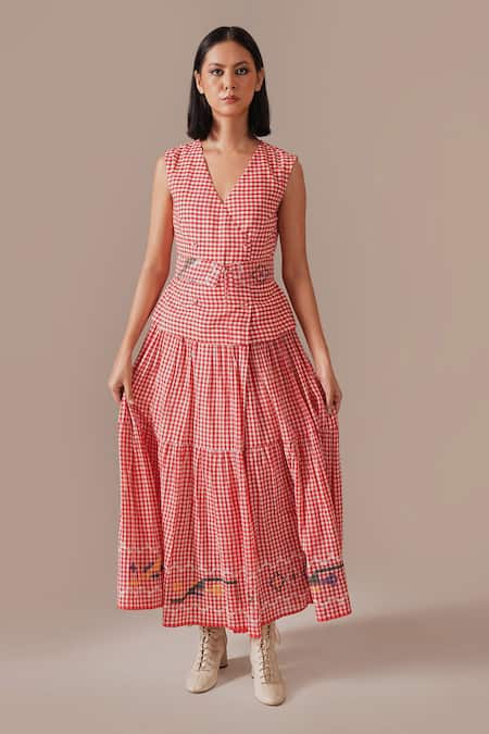 Buy_Indigo Dreams_Red Cotton Embroidery V-neck Gingham Check Tiered Wrap Dress With Belt _Online_at_Aza_Fashions