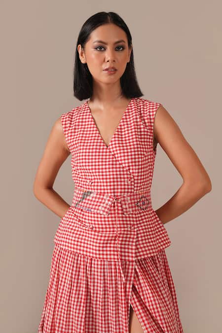 Shop_Indigo Dreams_Red Cotton Embroidery V-neck Gingham Check Tiered Wrap Dress With Belt _Online_at_Aza_Fashions