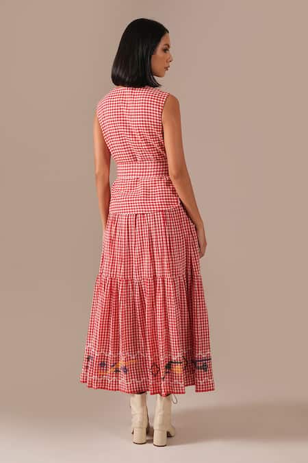 Indigo Dreams Gingham Check Tiered Wrap Dress With Belt 