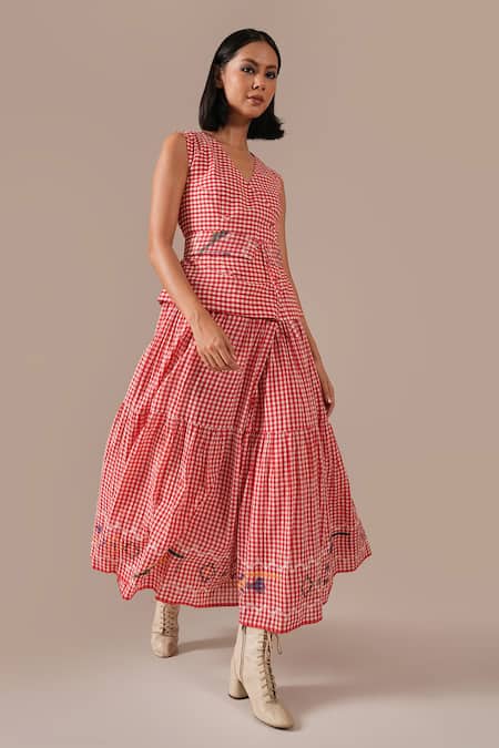 Indigo Dreams_Red Cotton Embroidery V-neck Gingham Check Tiered Wrap Dress With Belt _at_Aza_Fashions