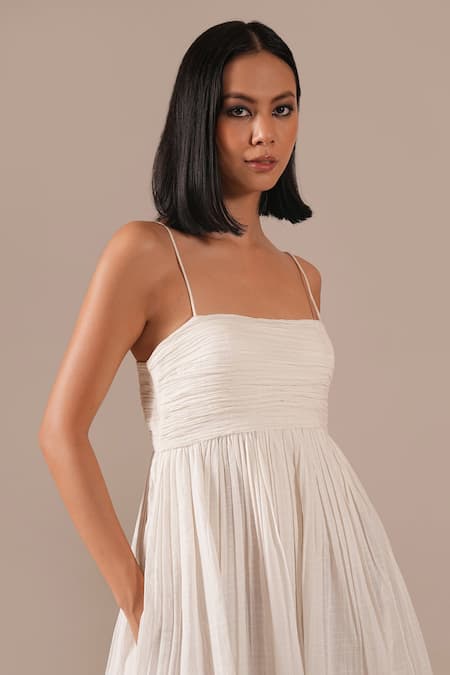 Indigo Dreams_Ivory Cotton Embroidery Square Neck Handwoven Jamdani Ruched Bodice Midi Dress _Online_at_Aza_Fashions