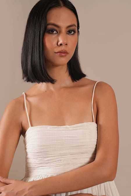 Buy_Indigo Dreams_Ivory Cotton Embroidery Square Neck Handwoven Jamdani Ruched Bodice Midi Dress _Online_at_Aza_Fashions