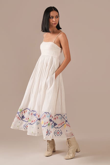 Shop_Indigo Dreams_Ivory Cotton Embroidery Square Neck Handwoven Jamdani Ruched Bodice Midi Dress _Online_at_Aza_Fashions