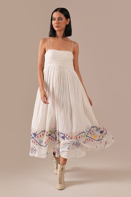 Indigo Dreams Handwoven Jamdani Ruched Bodice Midi Dress 