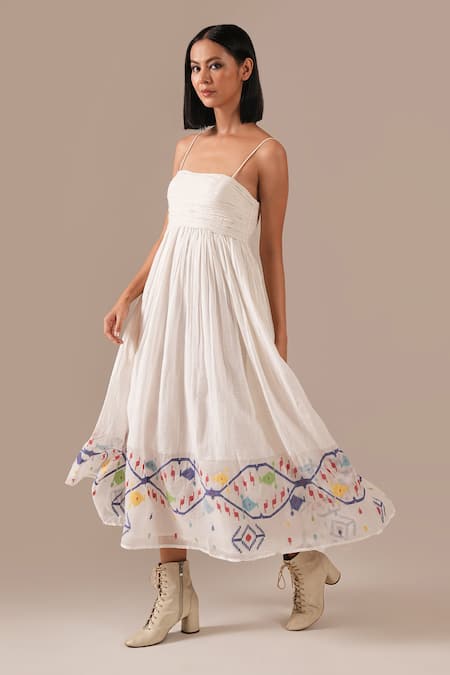 Indigo Dreams_Ivory Cotton Embroidery Square Neck Handwoven Jamdani Ruched Bodice Midi Dress _at_Aza_Fashions