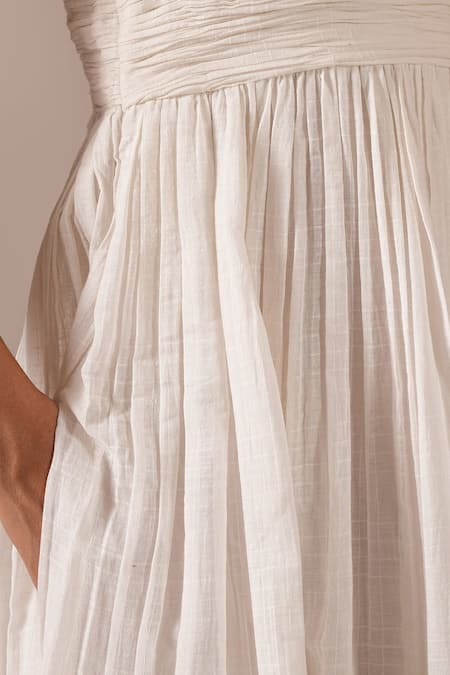 Shop_Indigo Dreams_Ivory Cotton Embroidery Square Neck Handwoven Jamdani Ruched Bodice Midi Dress 