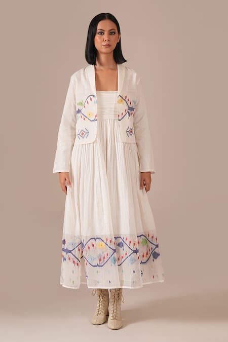 Indigo Dreams_Ivory Cotton Bandeau Neck, Handwoven Jamdani Dress With Jacket _Online_at_Aza_Fashions