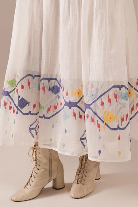 Shop_Indigo Dreams_Ivory Cotton Bandeau Neck, Handwoven Jamdani Dress With Jacket _Online_at_Aza_Fashions