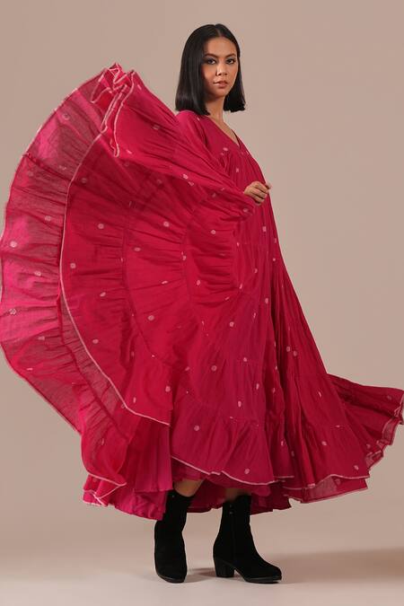 Shop_Indigo Dreams_Fuchsia Cotton V-neck Handwoven Jamdani Polka Dot Tiered Dress _Online_at_Aza_Fashions