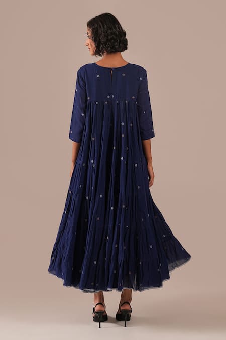 Indigo Dreams Handwoven Jamdani Gathered Midi Dress 
