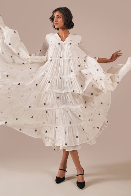 Buy_Indigo Dreams_Ivory Cotton V-neck Handwoven Jamdani Polka Dot Tiered Dress _Online_at_Aza_Fashions