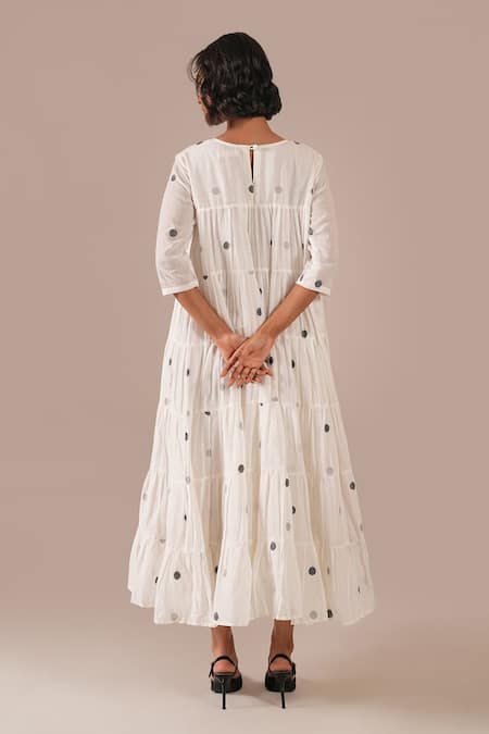 Indigo Dreams Handwoven Jamdani Polka Dot Tiered Dress 