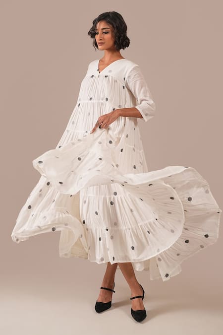 Shop_Indigo Dreams_Ivory Cotton V-neck Handwoven Jamdani Polka Dot Tiered Dress _Online_at_Aza_Fashions