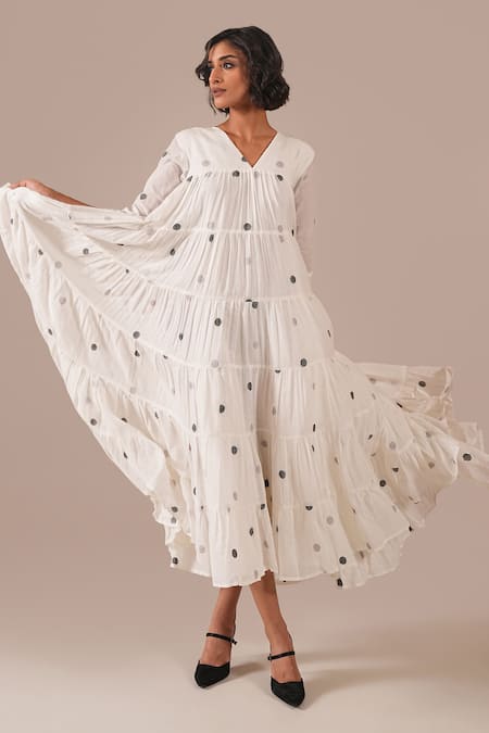 Indigo Dreams Handwoven Jamdani Polka Dot Tiered Dress 