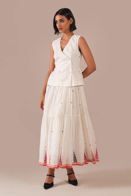 Indigo Dreams_Ivory Cotton Embroidery V-neck Jamdani Tiered Wrap Dress And Belt Set _Online_at_Aza_Fashions