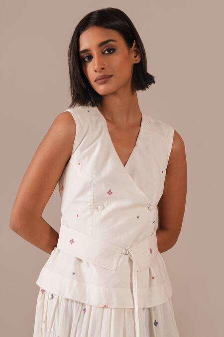 Shop_Indigo Dreams_Ivory Cotton Embroidery V-neck Jamdani Tiered Wrap Dress And Belt Set _Online_at_Aza_Fashions