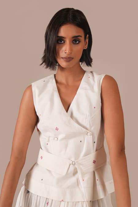 Indigo Dreams_Ivory Cotton Embroidery V-neck Jamdani Tiered Wrap Dress And Belt Set _at_Aza_Fashions